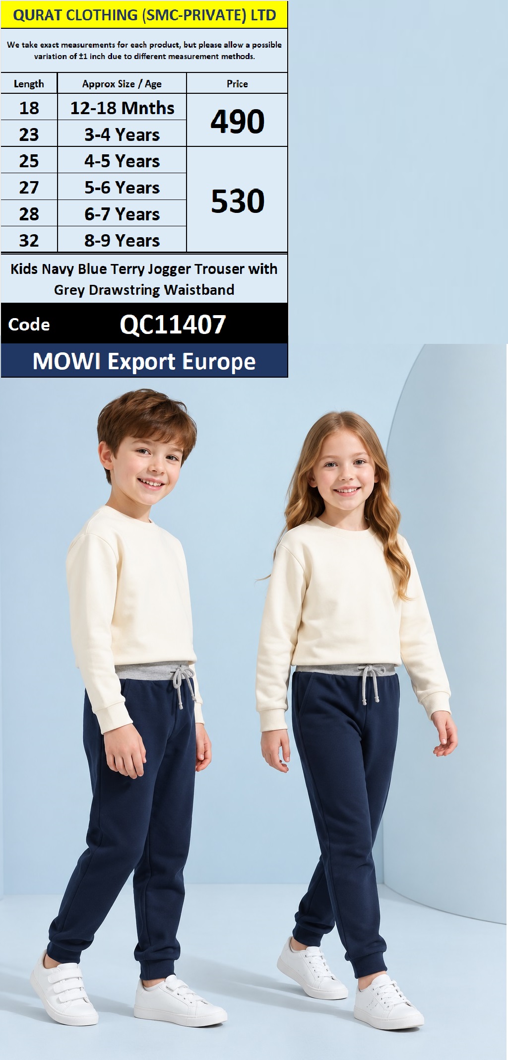 MOWI Export Europe Kids Navy Blue Terry Jogger Trouser with Grey Drawstring Waistband – QC11407