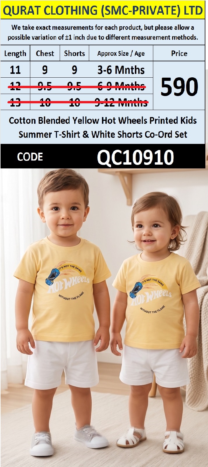 Cotton Blended Yellow Hot Wheels Printed Kids Summer T-Shirt & White Shorts Co-Ord Set - QC10910