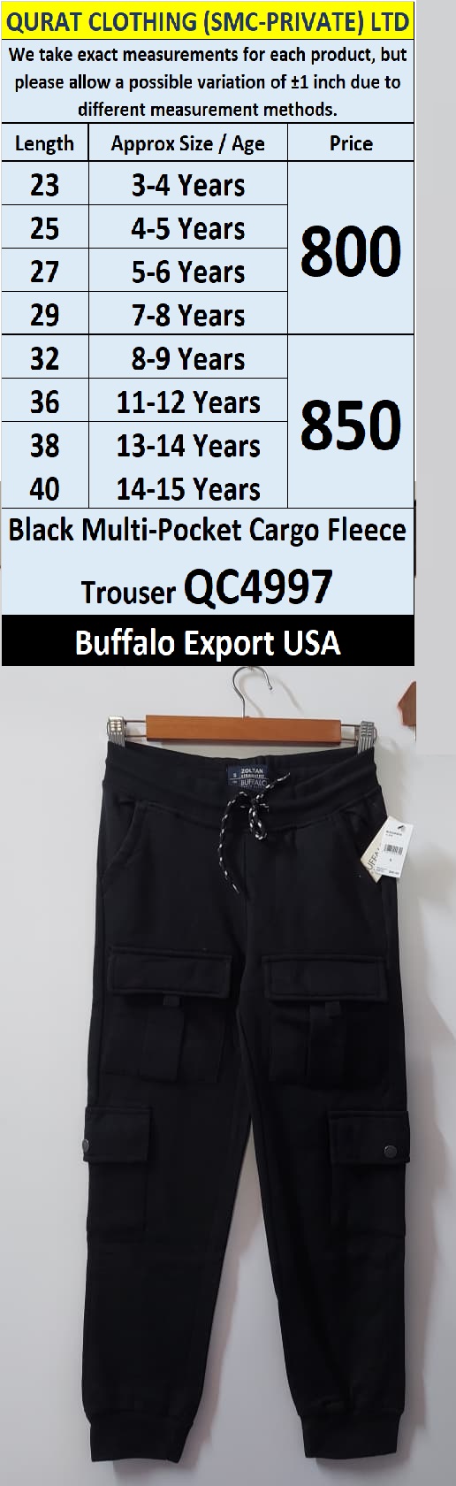 Buffalo Brand Black Multi-Pocket Cargo Fleece Trouser QC4997 – Export USA