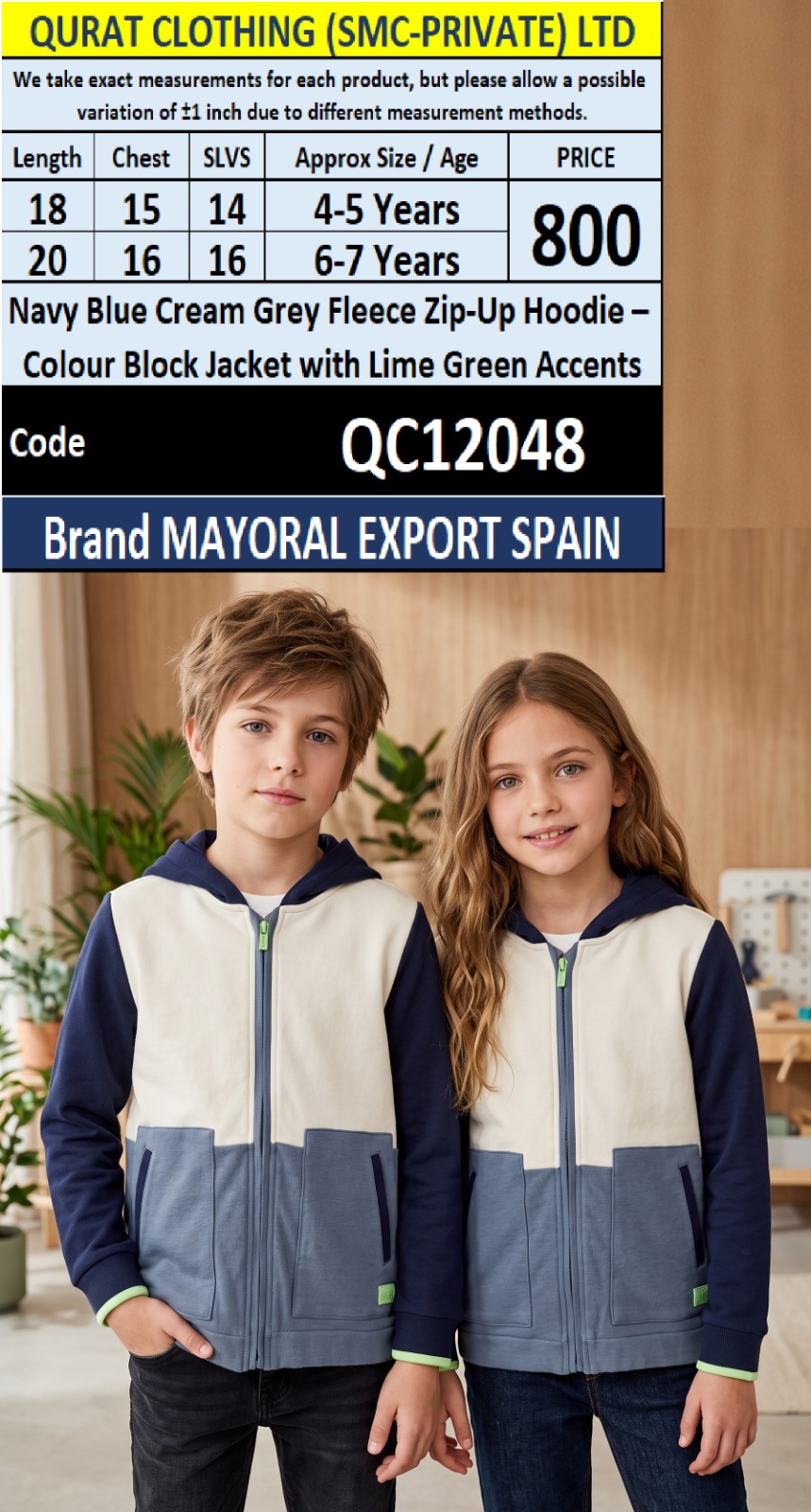 Navy Blue Cream Grey Fleece Zip-Up Hoodie – Colour Block Jacket with Lime Green Accents – Mayoral Export Spain – QC12048