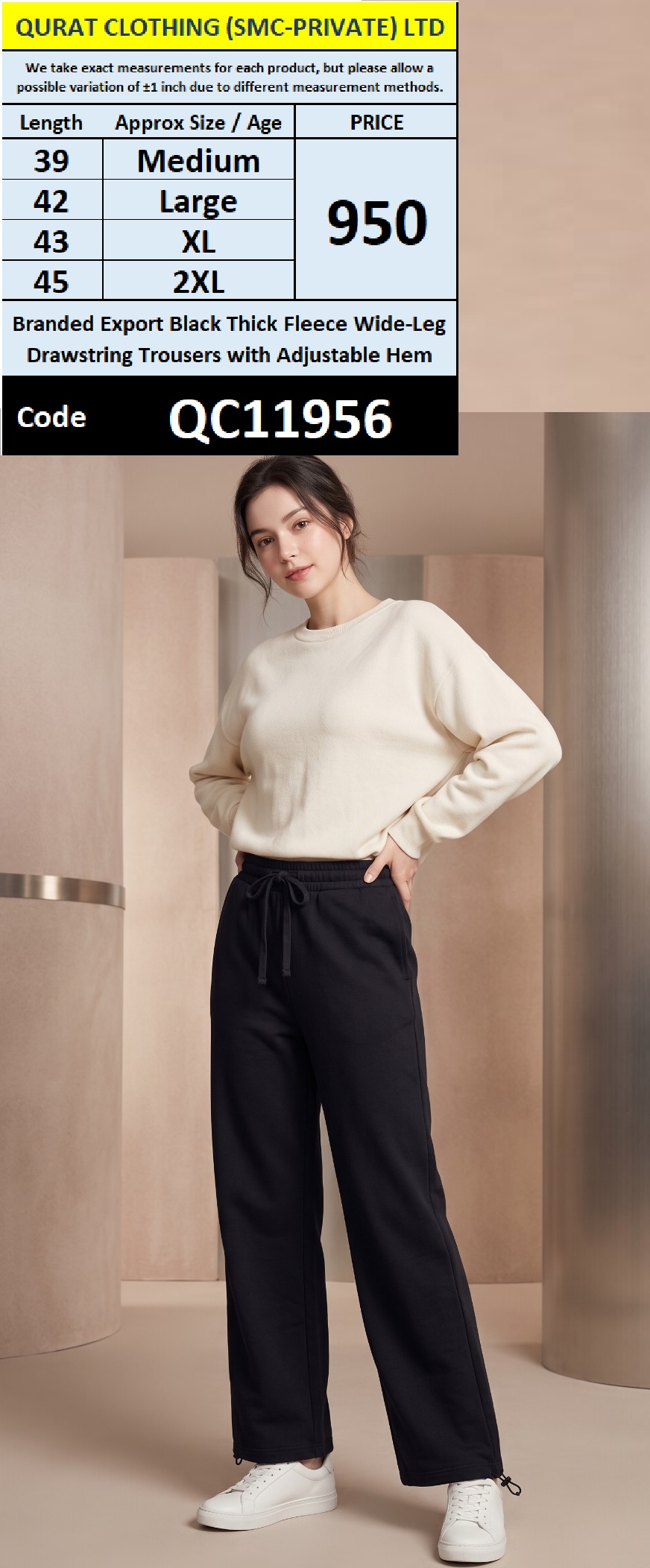 Branded Export Black Thick Fleece Wide-Leg Drawstring Trousers with Adjustable Hem – QC11956