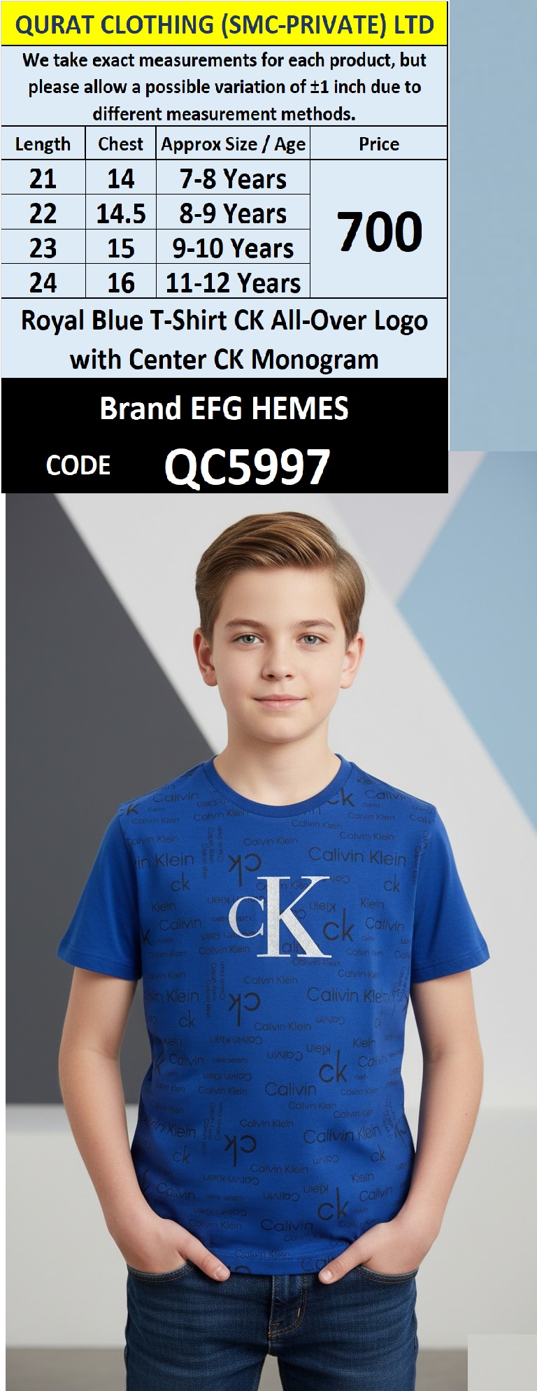 Royal Blue Cotton-Blend Boys T-Shirt CK All-Over Logo Print with Center CK Monogram – Kids Graphic Tee – QC5997