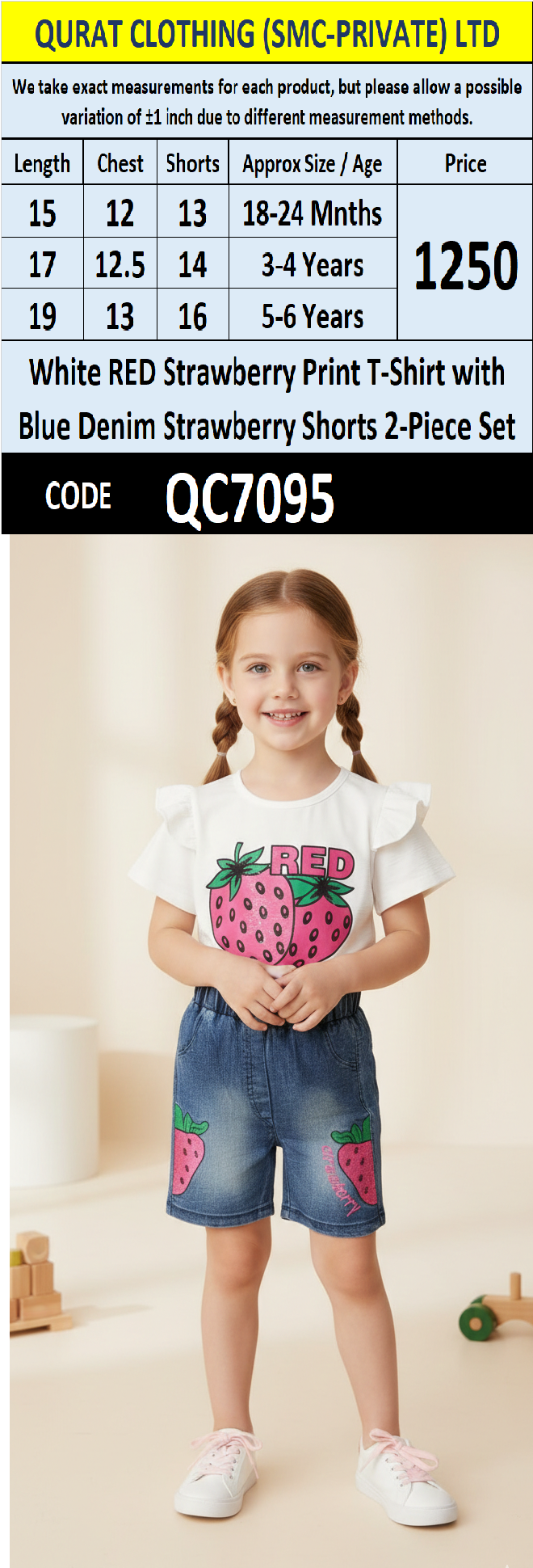 White RED Strawberry Print T-Shirt with Blue Denim Strawberry Shorts 2-Piece Set – QC7095