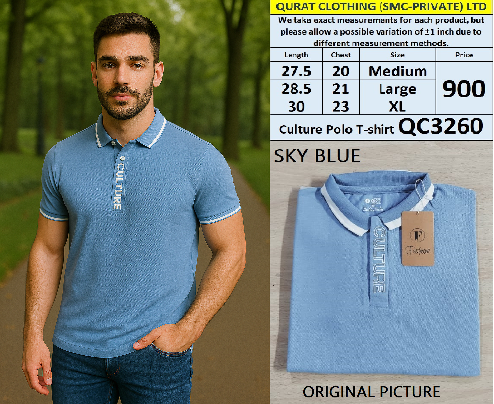 Sky Blue Stylish Culture Polo T-shirt QC3260