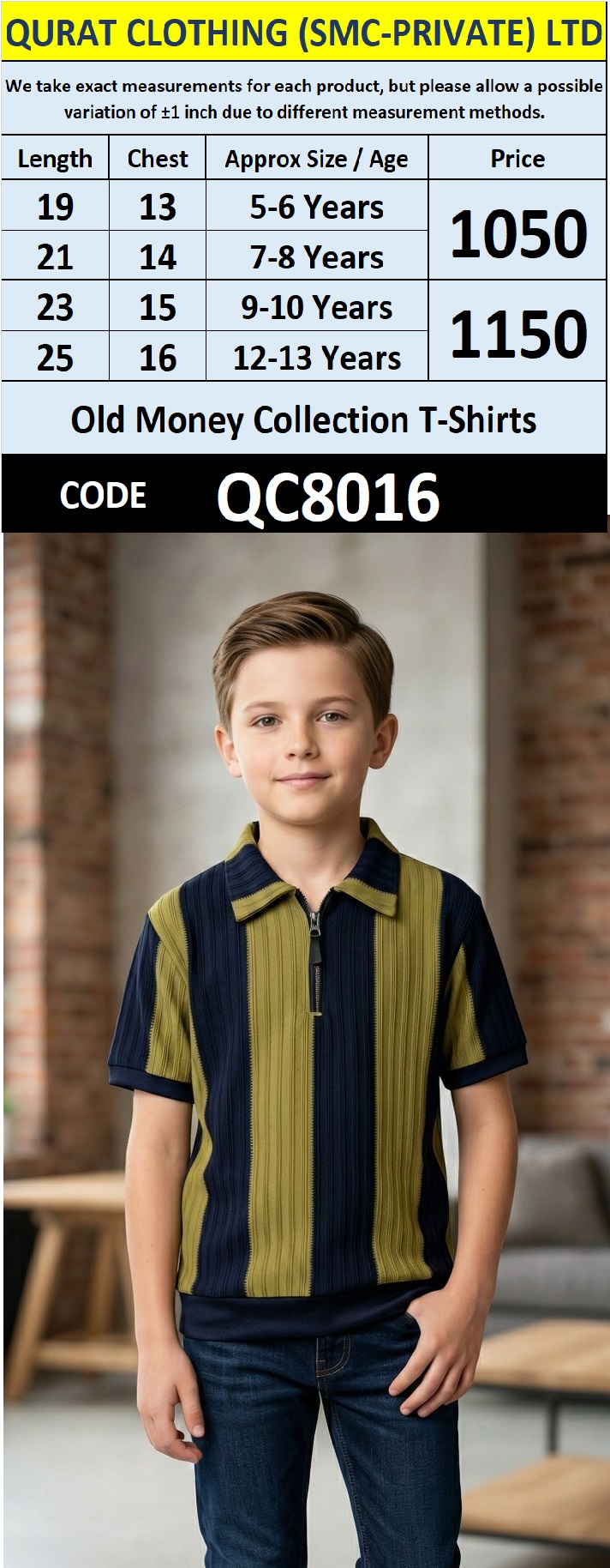Old Money Collection – Olive Green & Navy Blue Ribbed Half-Zip Polo T-Shirt with Vertical Stripe Pattern QC8016