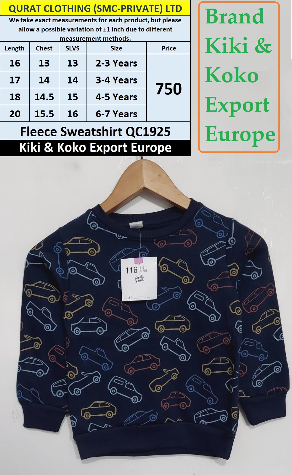 Kiki & Koko Brand Fleece Sweatshirt QC1925 Export Europe