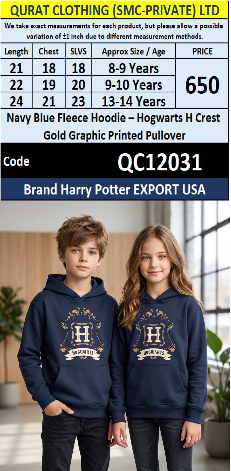 Navy Blue Fleece Hoodie – Hogwarts H Crest Gold Graphic Printed Pullover – Harry Potter Export USA – QC12031