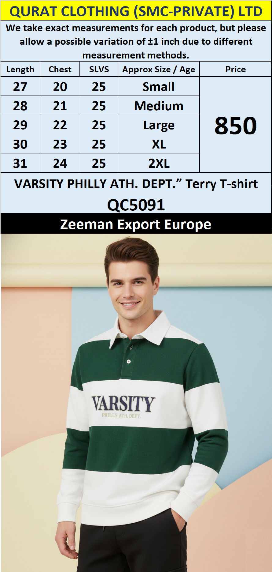 Zeeman Brand Green & White “VARSITY PHILLY ATH. DEPT.” Terry T-shirt QC5091 – Export Europe