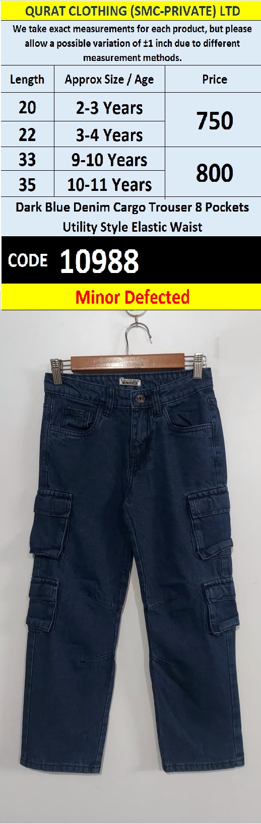 Dark Blue Denim 8-Pocket Cargo Pant with Elastic Waist – QC10988 - (Minor Defected)