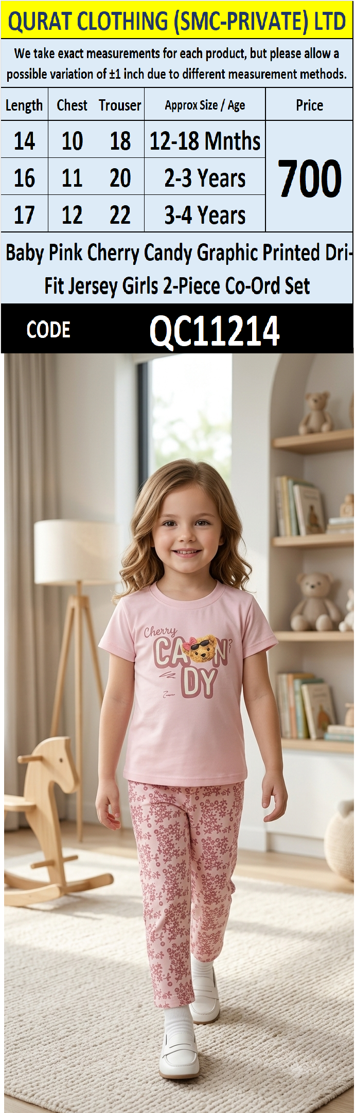 Baby Pink Cherry Candy Graphic Printed Dri-Fit Jersey Girls 2-Piece Co-Ord Set QC11214
