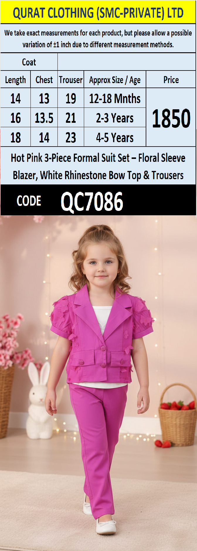 Hot Pink 3-Piece Formal Suit Set – Floral Sleeve Blazer, White Rhinestone Bow Top & Trousers QC7086 - QC7086