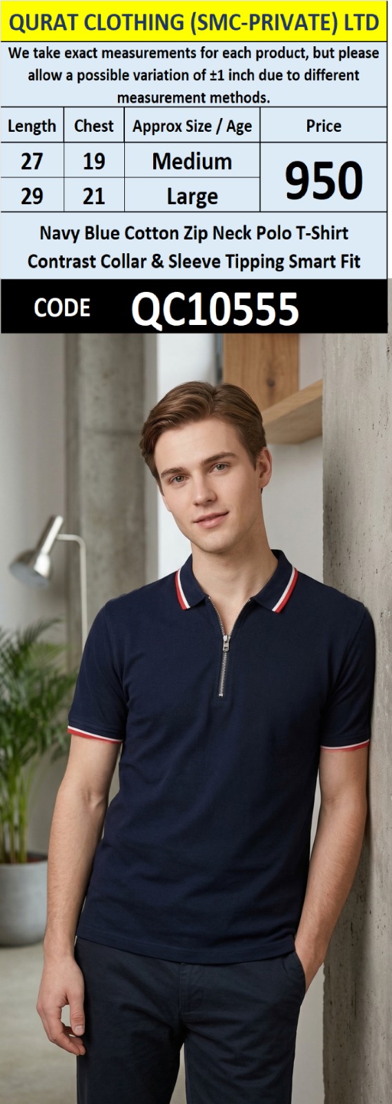 Navy Blue Cotton Zip Neck Polo T-Shirt Contrast Collar & Sleeve Tipping Smart Fit – QC10555
