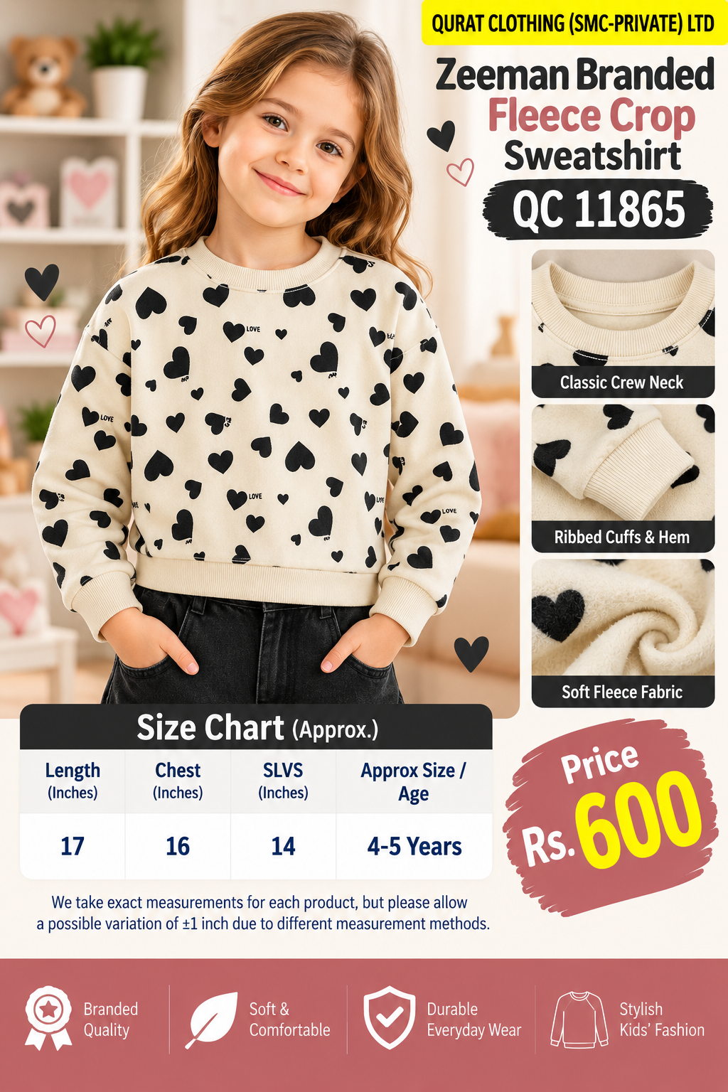Zeeman Branded cream and black fleece crop sweatshirt with all-over heart print — QC11865