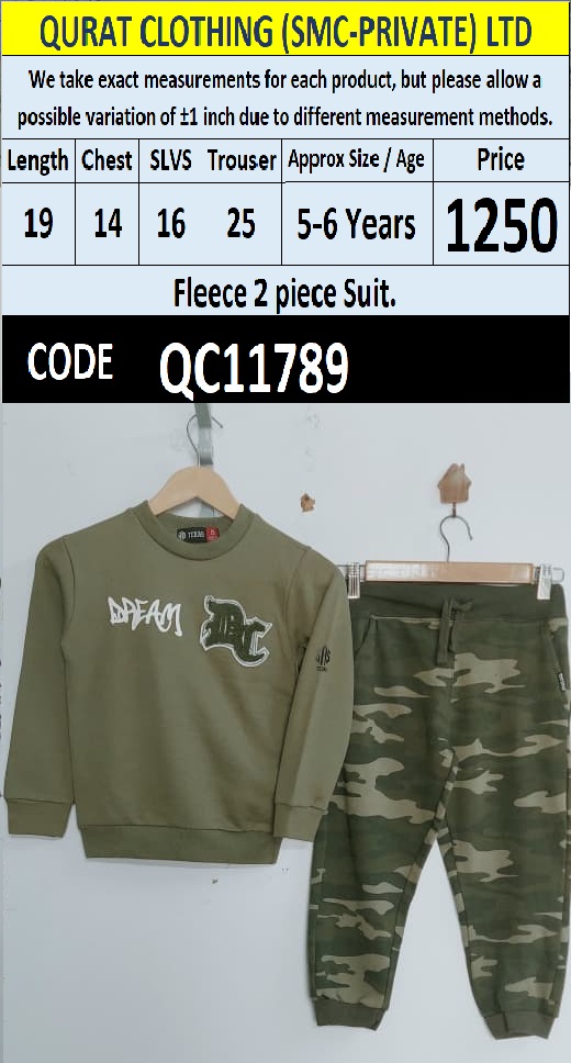 Olive Green Fleece 2 Piece Suit with Dream Print and Camouflage Trouser — QC11789