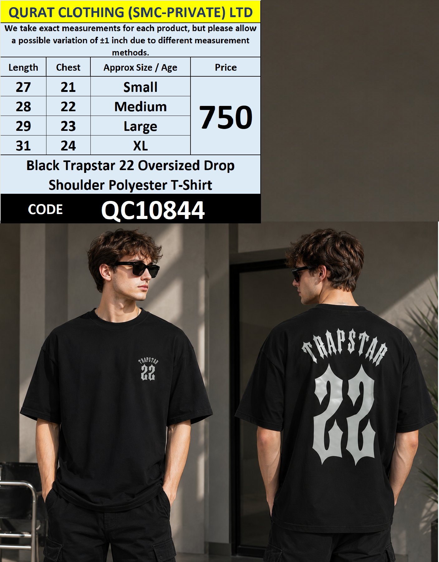 Black Trapstar 22 Oversized Drop Shoulder Polyester T-Shirt QC10844