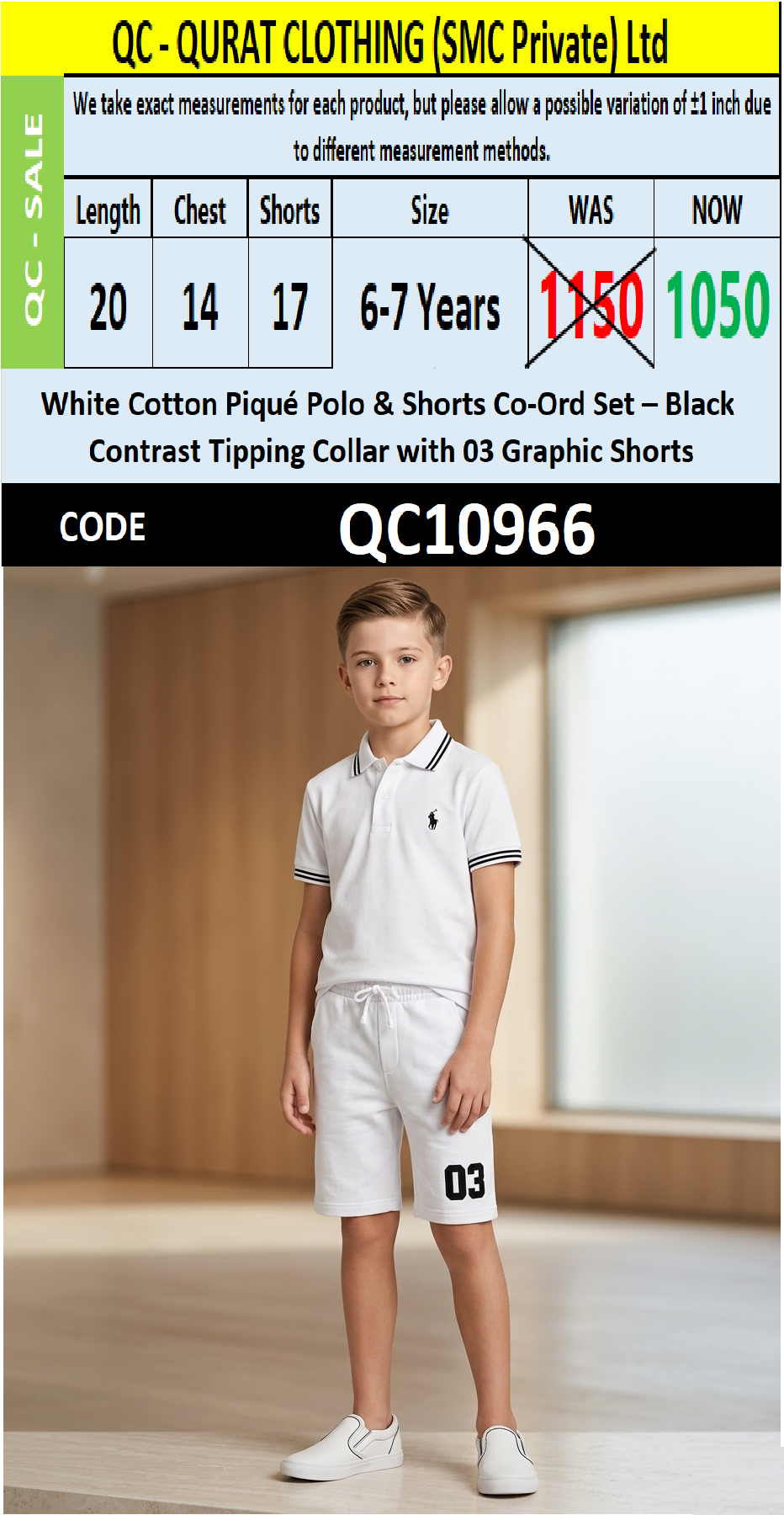 White Cotton Piqué Polo & Shorts Co-Ord Set – Black Contrast Tipping Collar with 03 Graphic Shorts – QC10966