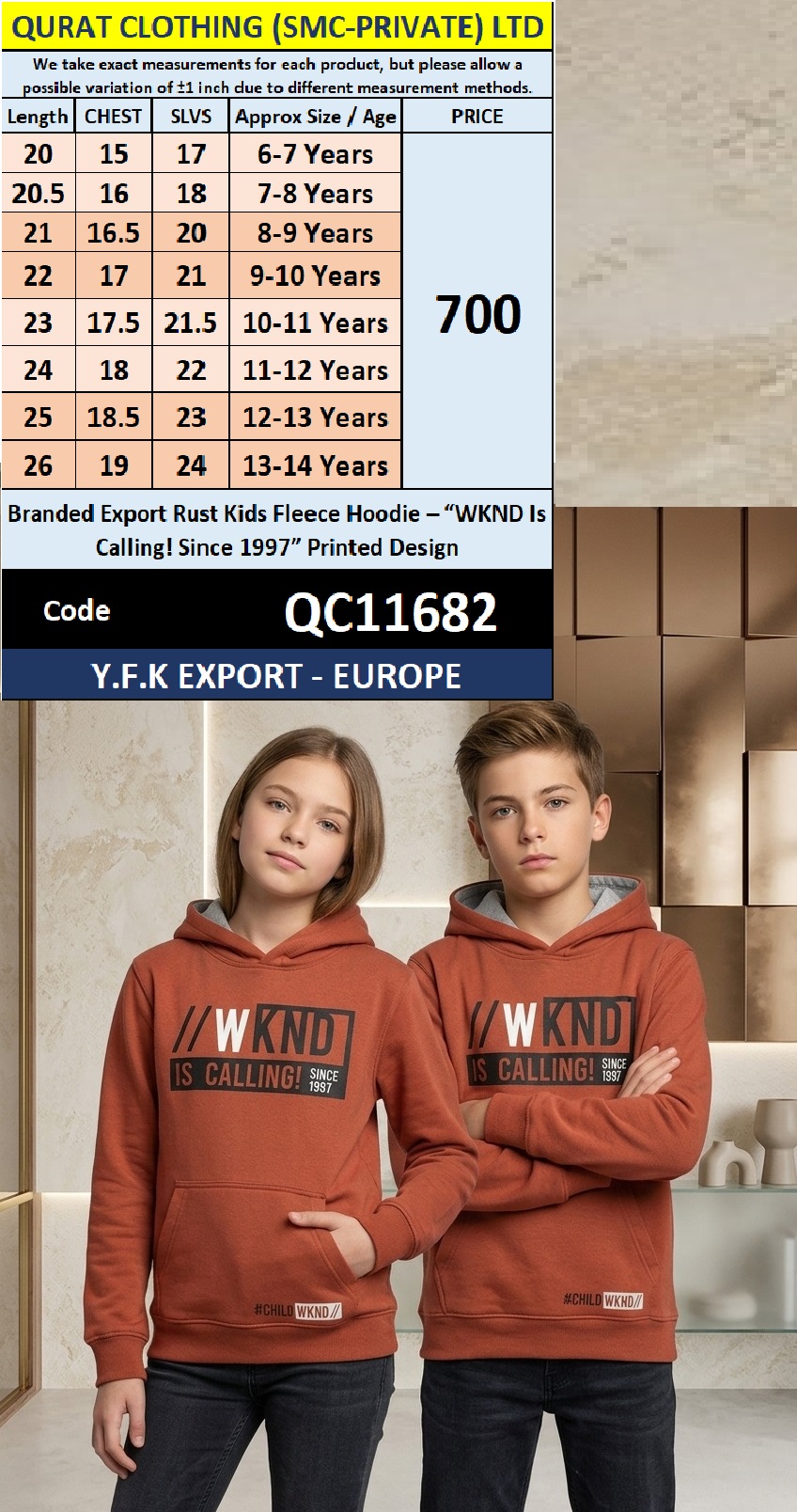 Branded Export Rust Kids Fleece Hoodie – “WKND Is Calling! Since 1997” Printed Design QC11682