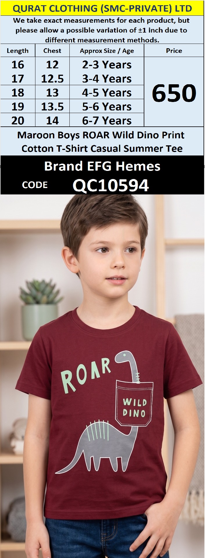 Maroon Boys ROAR Wild Dino Print Cotton T-Shirt Casual Summer Tee – QC10594