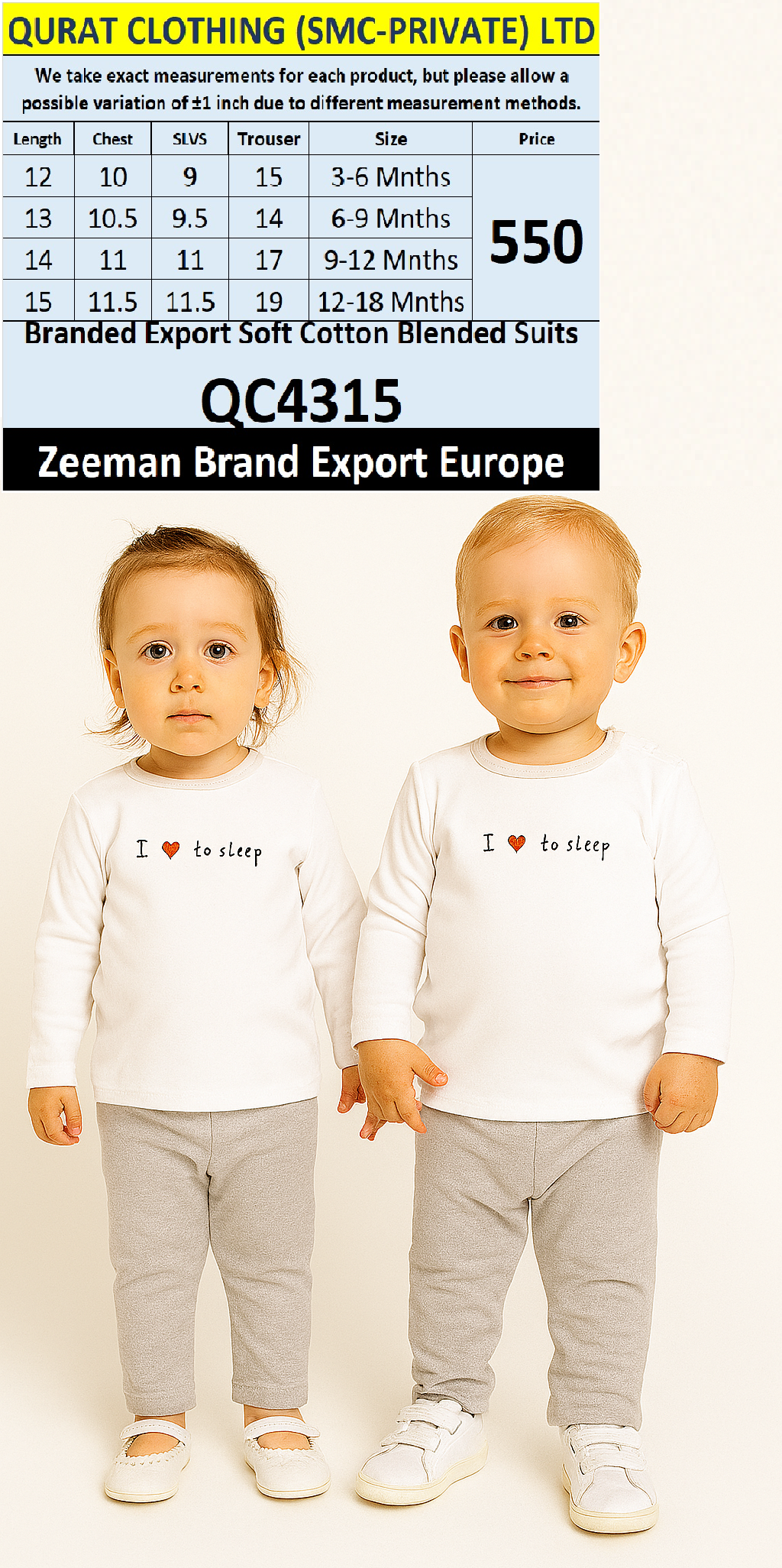 Zeeman Brand Unisex Soft Cotton Blended Suits QC4315 Export Europe 
