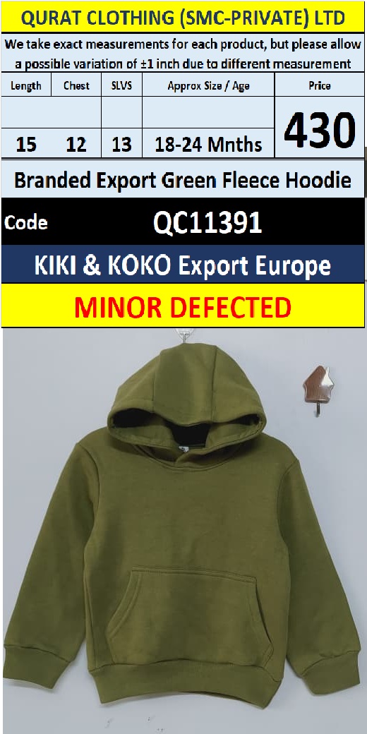 Branded Export Green Fleece Hoodie – KIKI & KOKO Export Europe – QC11391 - Minor Defected