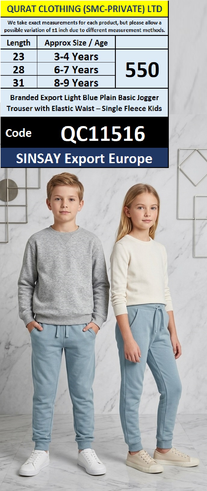 SINSAY Export Europe Branded Light Blue Plain Basic Jogger Trouser with Elastic Waist – Single Fleece Kids – QC11516