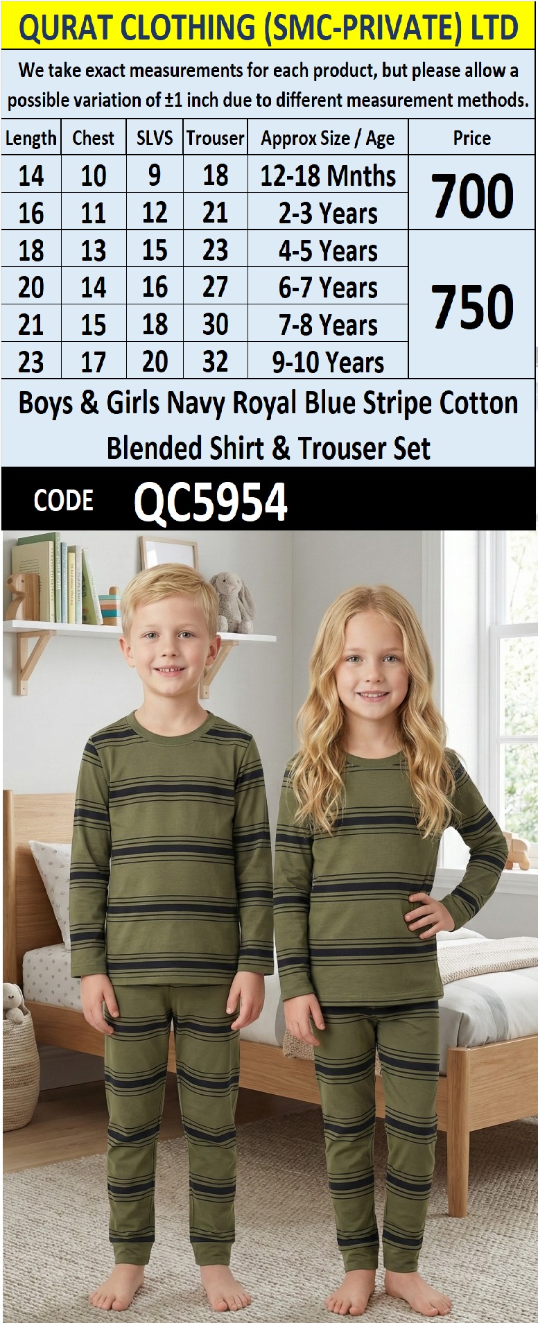 Kids Olive Green & Black Striped Cotton Blended Two Piece Shirt & Trouser Set – QC5954
