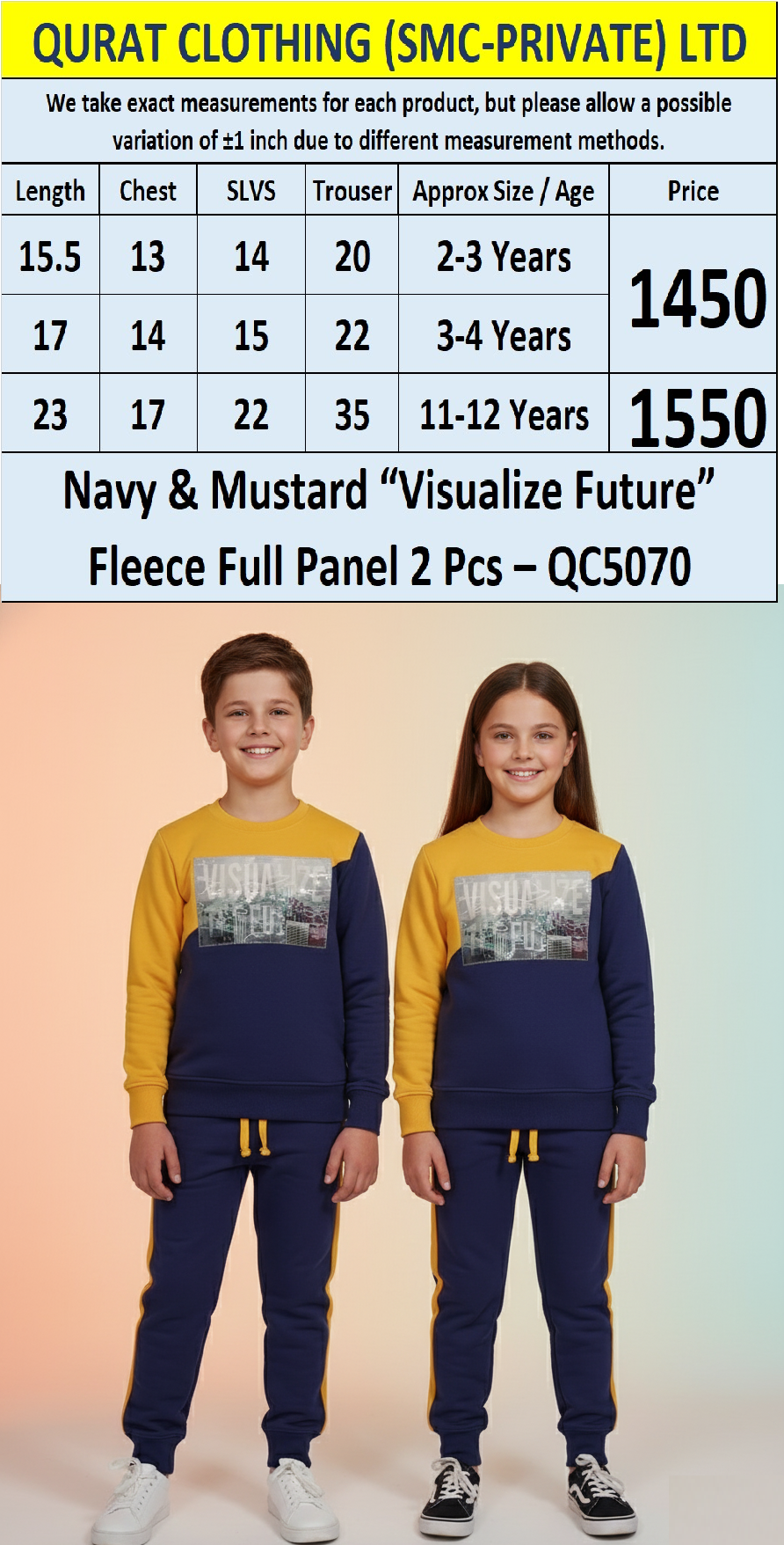 Navy & Mustard “Visualize Future” Fleece Full Panel Two-Piece Set QC5070 - QC5070