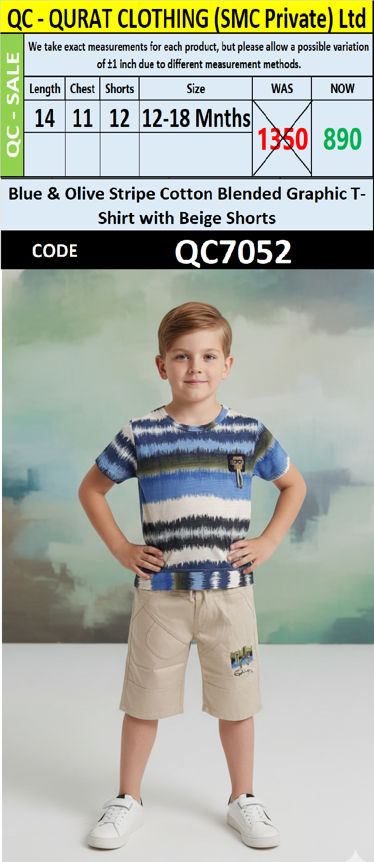 Blue & Olive Stripe Cotton Blended Graphic T-Shirt with Beige Shorts Boys Summer Set QC7052