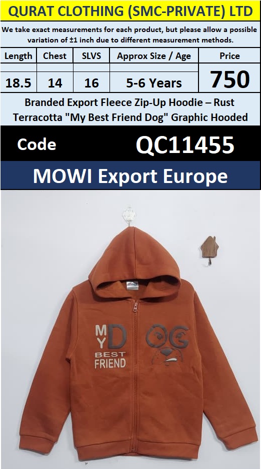 QC11455 – Branded Export Rust Terracotta “My Best Friend Dog” Graphic Fleece Zip-Up Hoodie – MOWI Export Europe
