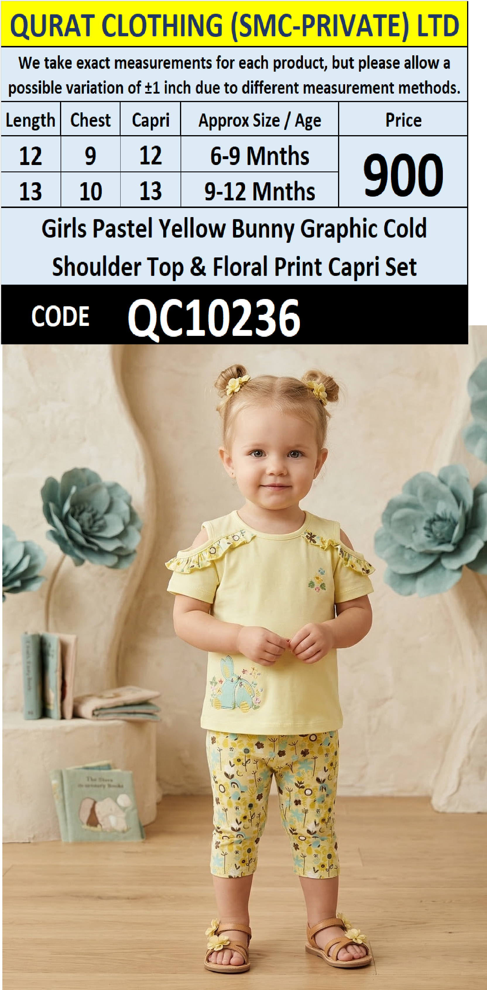 Girls Pastel Yellow Bunny Graphic Cold Shoulder Top & Floral Print Capri Set – QC10236