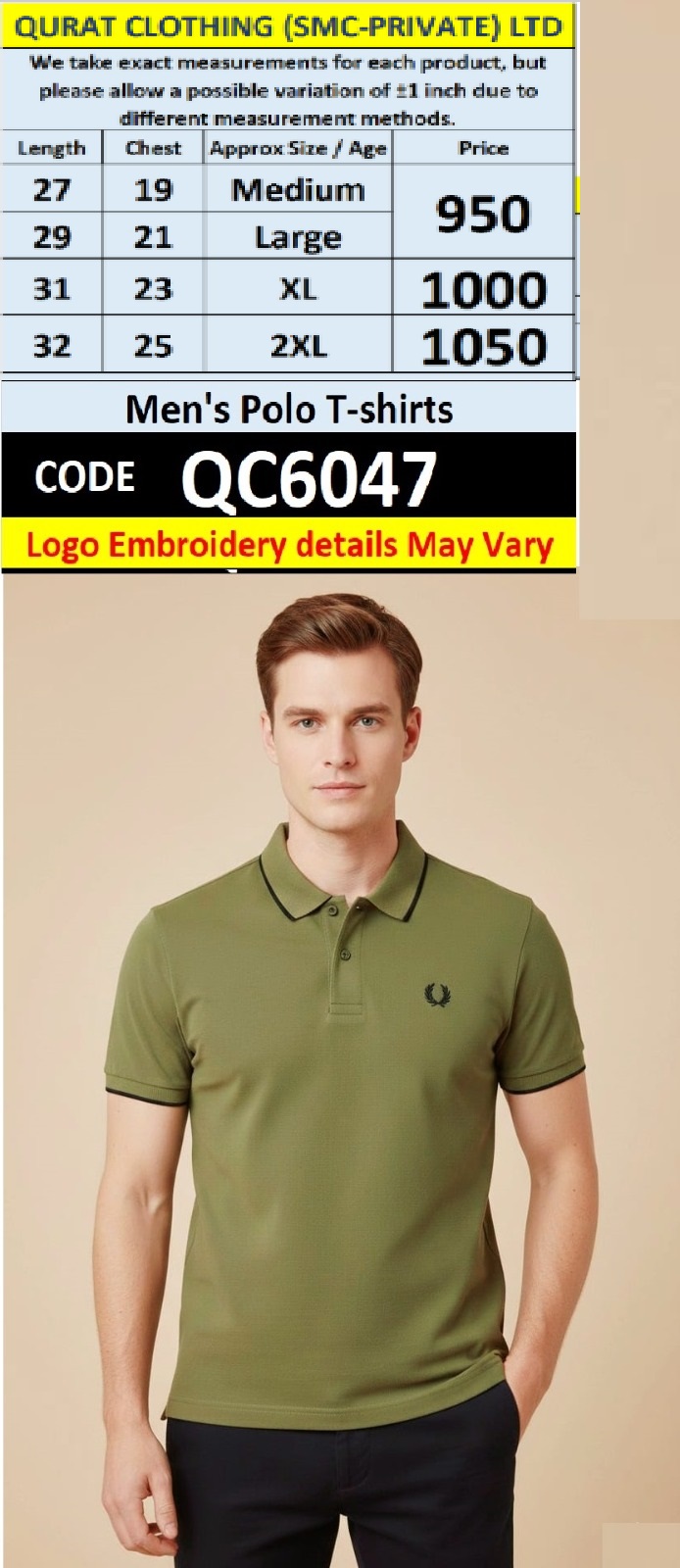 Olive Green Cotton Piqué Polo T-Shirt Embroidered Chest Logo Contrast Collar – QC6047