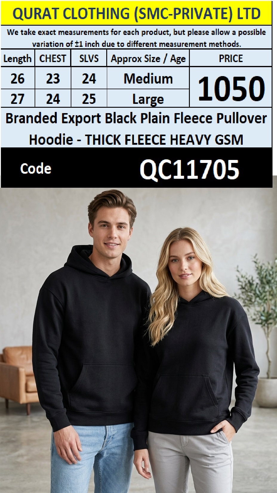 Branded Export Black Plain Fleece Pullover Hoodie – Thick Heavy GSM QC11705