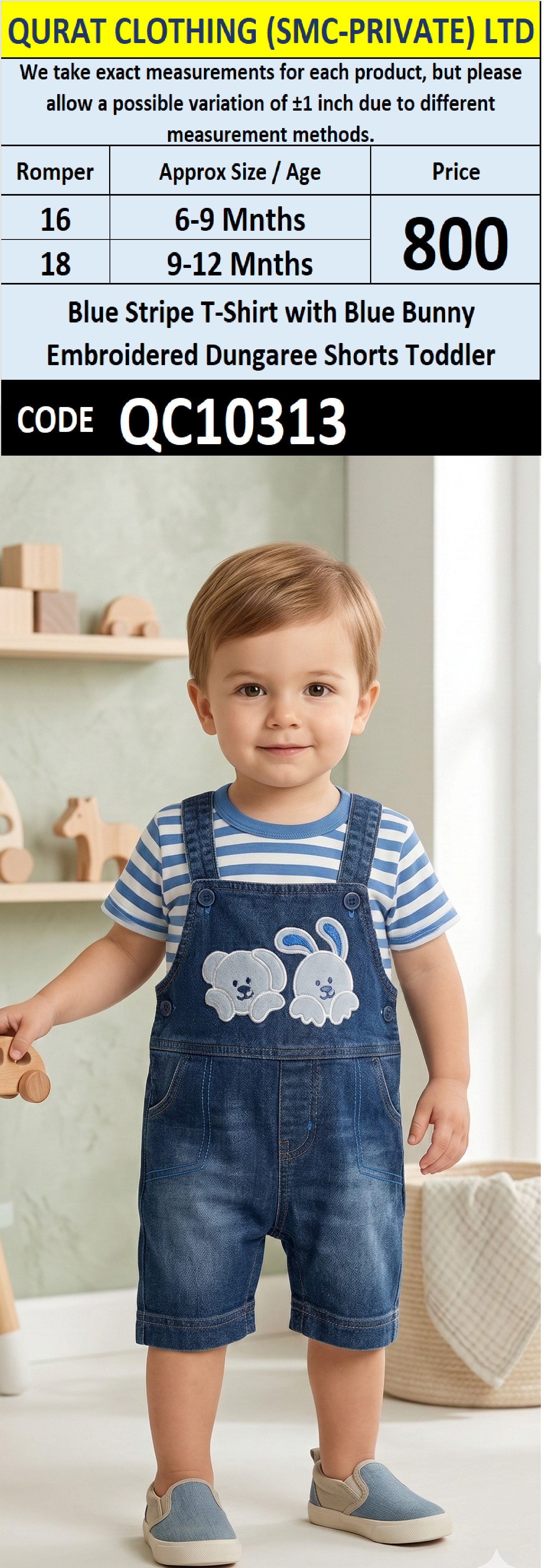 Blue Stripe T-Shirt with Blue Bunny Embroidered Dungaree Shorts Toddler – QC10313