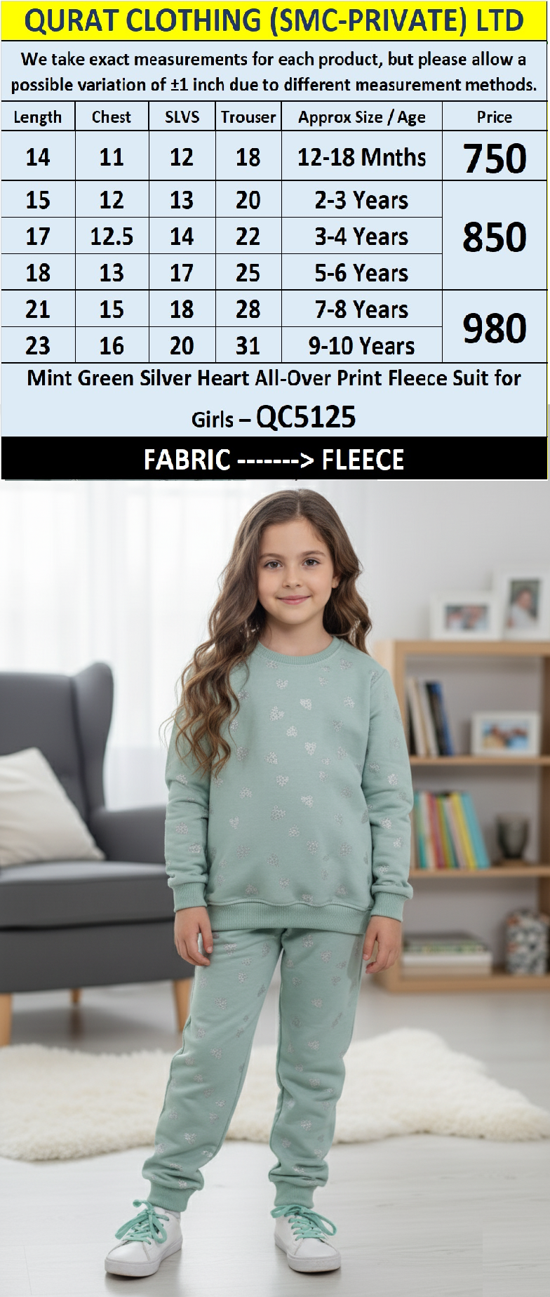 Mint Green Silver Heart All-Over Print Fleece Winter Suit for Girls – QC5125