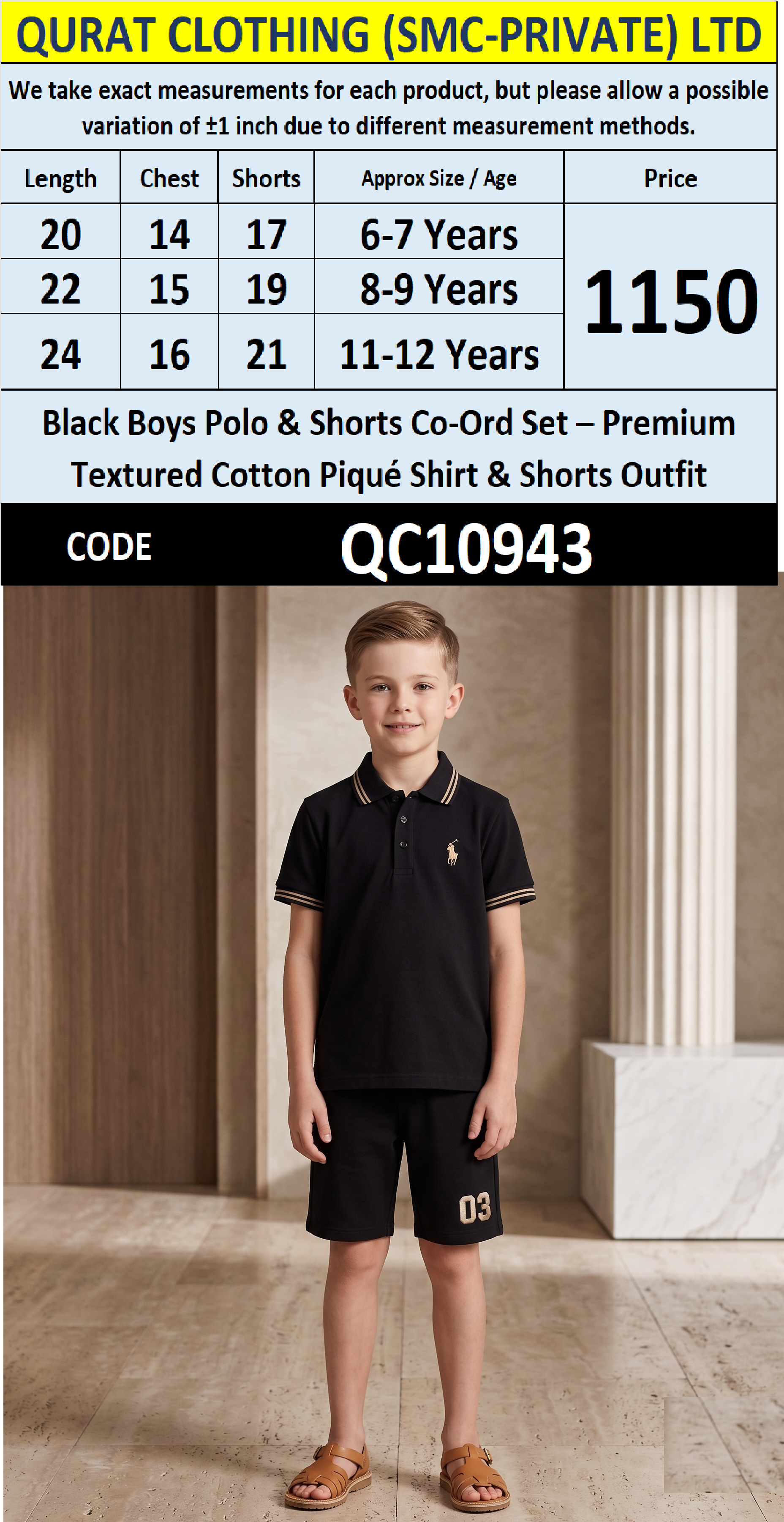 Black Boys Polo & Shorts Co-Ord Set – Premium Textured Cotton Piqué Shirt & Shorts Outfit QC10943