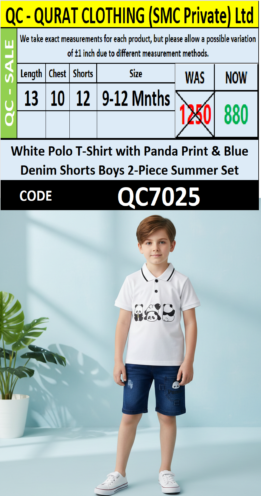 White Polo T-Shirt with Panda Print & Blue Denim Shorts Boys Summer 2-Piece Set QC7025