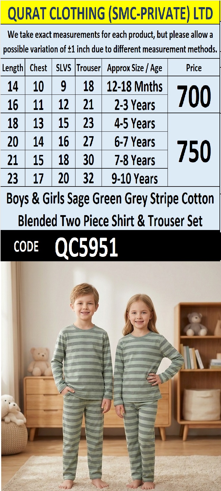 Kids Sage Green & Grey Striped Cotton Blended Two Piece Shirt & Trouser Set – QC5951
