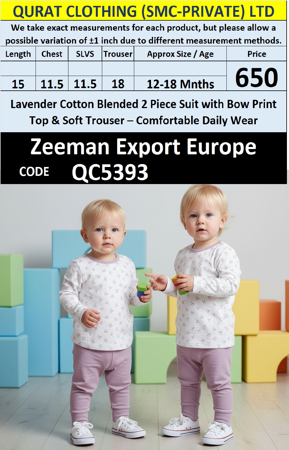 Zeeman Baby Lavender Cotton-Blended Bow Print Top & Trouser 2-Piece Suit QC5393 – Export Europe