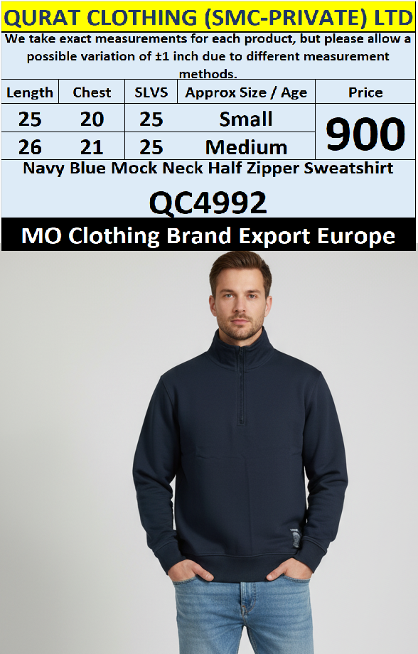 MO Clothing Brand Navy Blue Mock Neck Half Zipper Sweatshirt QC4992 – Export Europe
