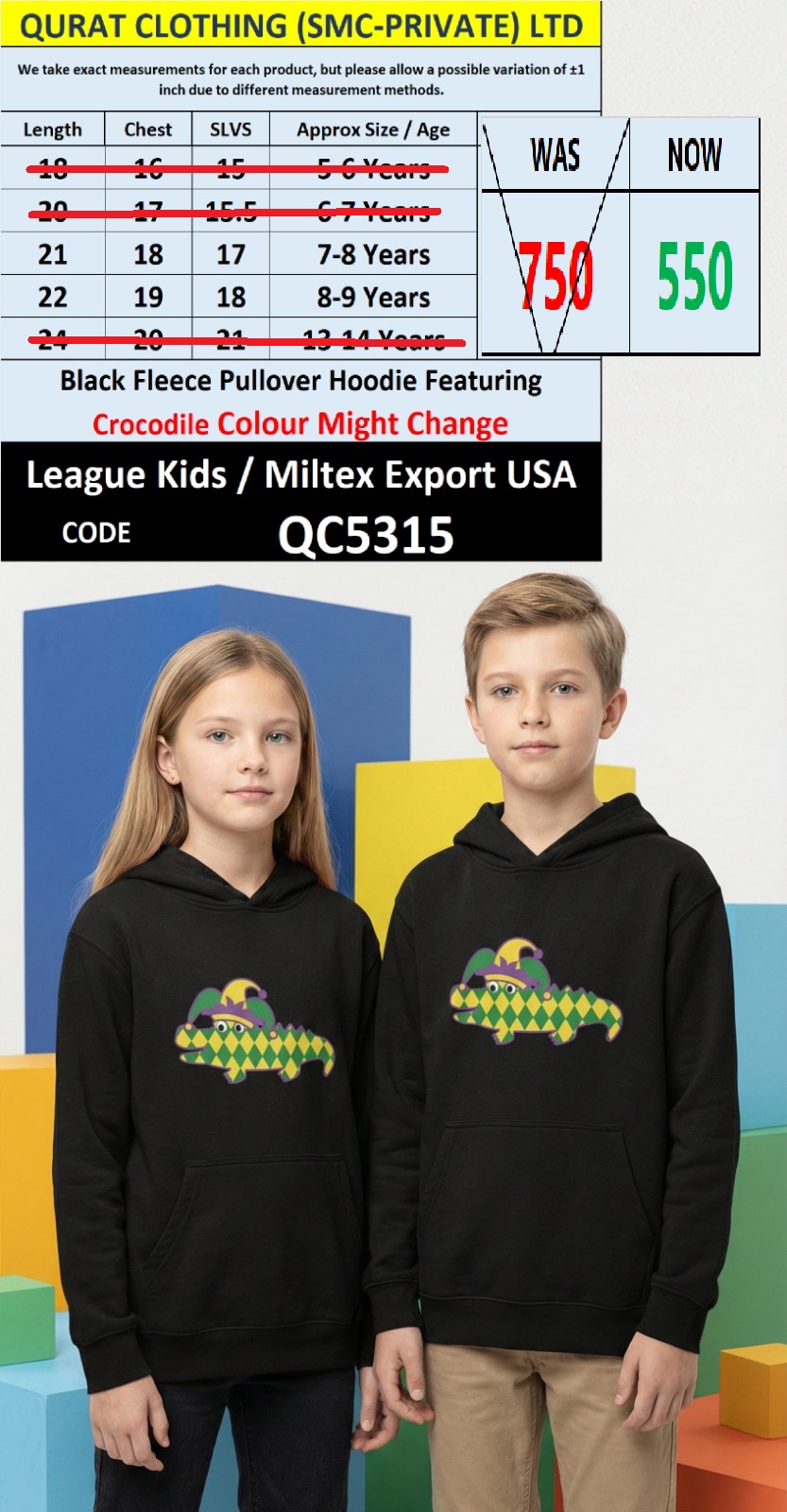 Black Fleece Kids Pullover Hoodie Crocodile Colour Might Change Graphic League Kids Miltex Export USA QC5315
