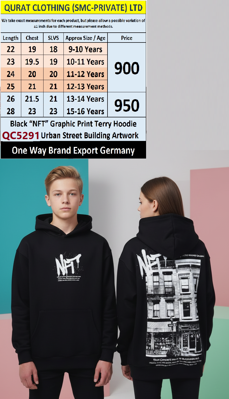 One Way Brand Black “NFT” Graphic Print Terry Hoodie QC5291 – Export Germany