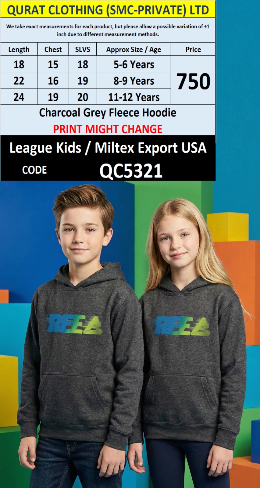 Charcoal Grey Fleece Pullover Hoodie REA Print Kids QC5321