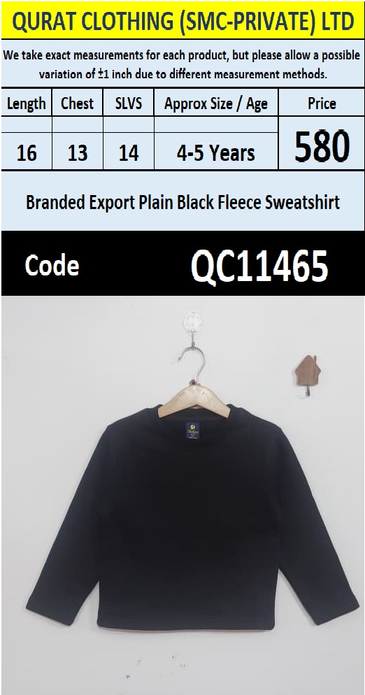 Branded Export Plain Black Fleece Kids Sweatshirt – QC11465