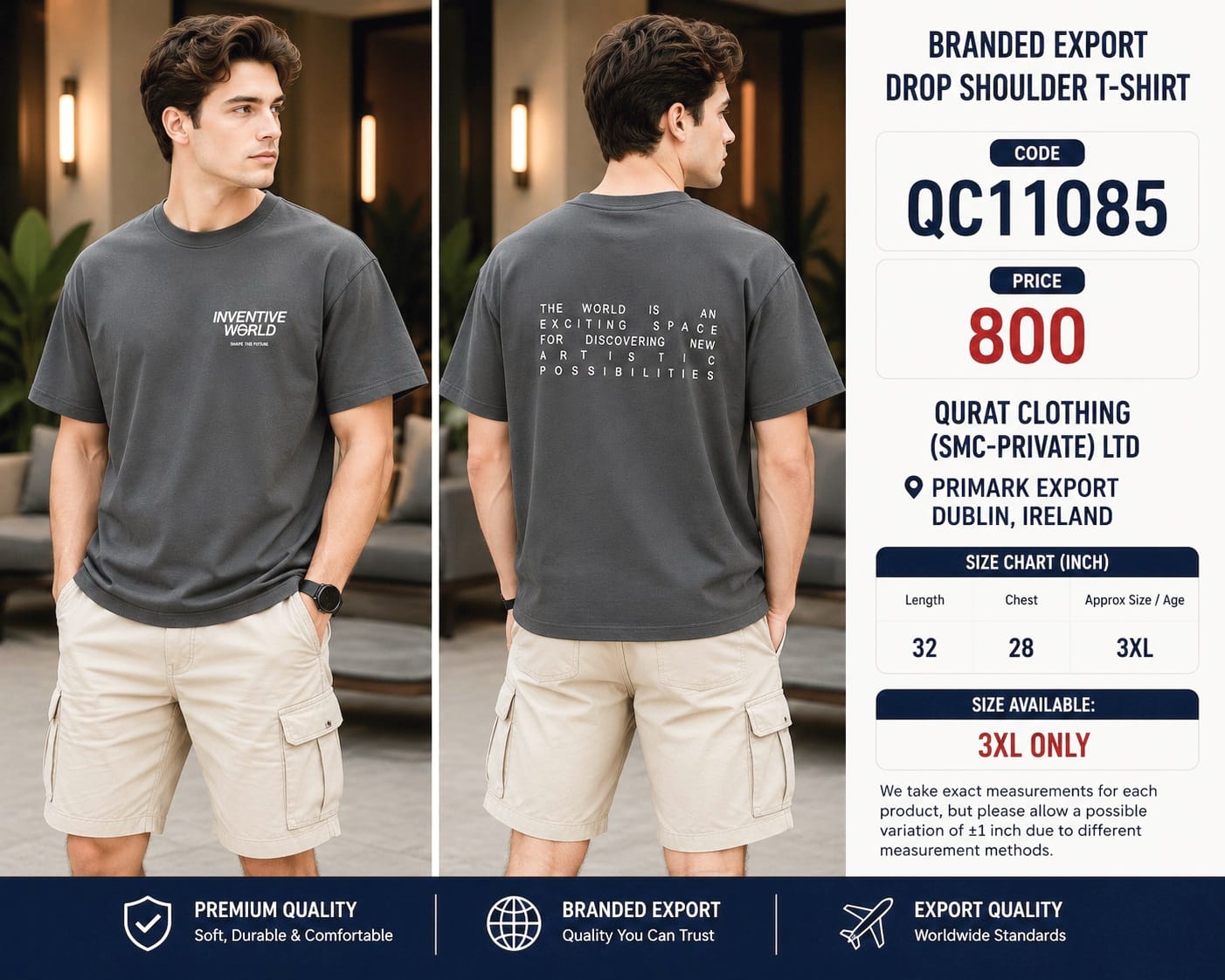 Dark Grey Inventive World Branded Export Drop Shoulder T-Shirt QC11085 – Primark Export Dublin Ireland