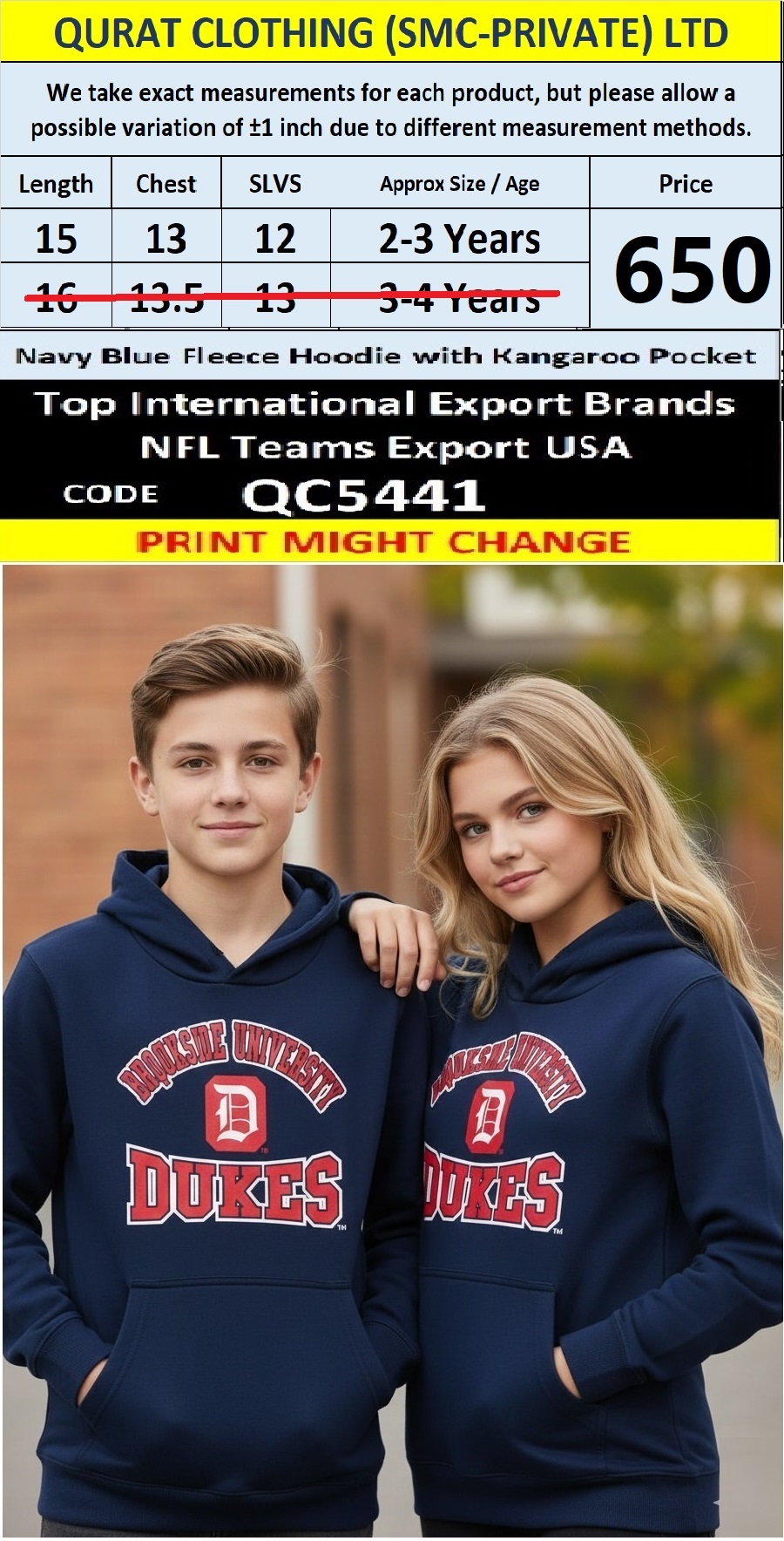 Navy Blue Fleece Hoodie DUKES Printed Text with Kangaroo Pocket – Export USA – QC5441