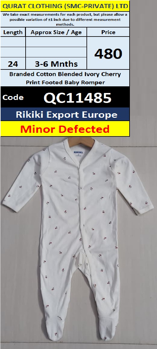 Rikiki Export Europe Branded Cotton Blended Ivory Cherry Print Footed Baby Romper – 3–6 Months – QC11485 – Minor Defected