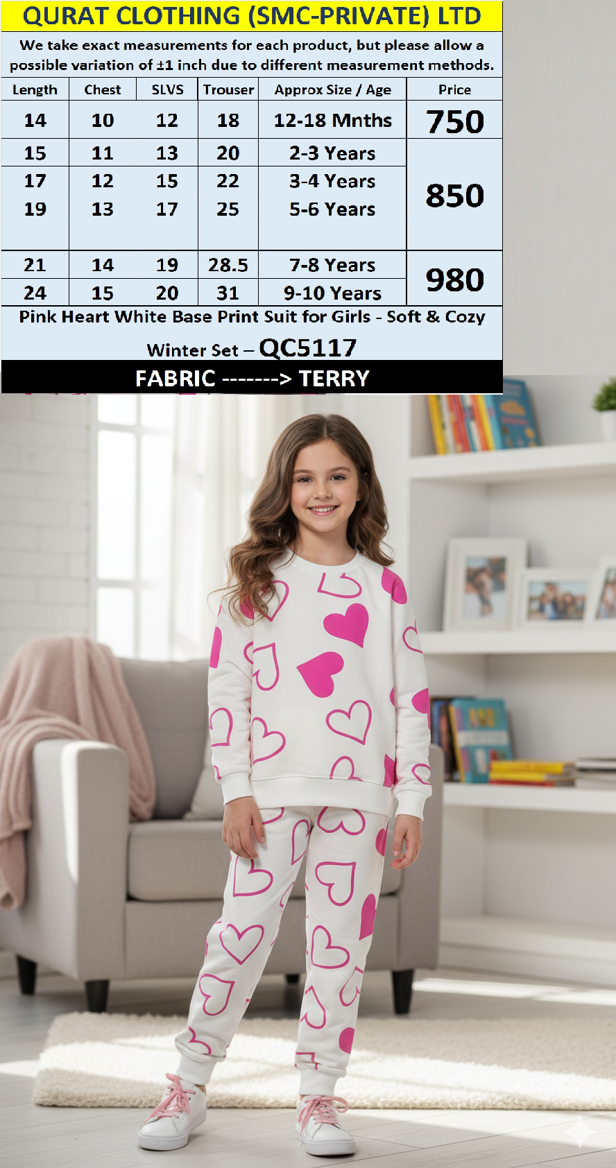 Pink Heart White Base Terry Winter Suit for Girls – QC5117