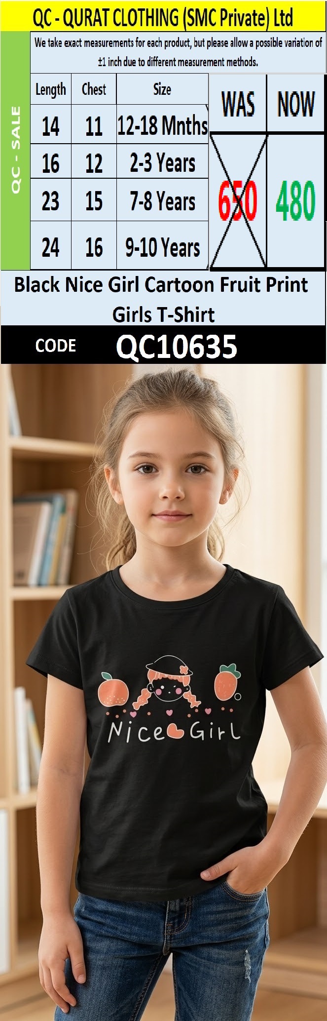 Black Nice Girl Cartoon Fruit Print Girls T-Shirt QC10635