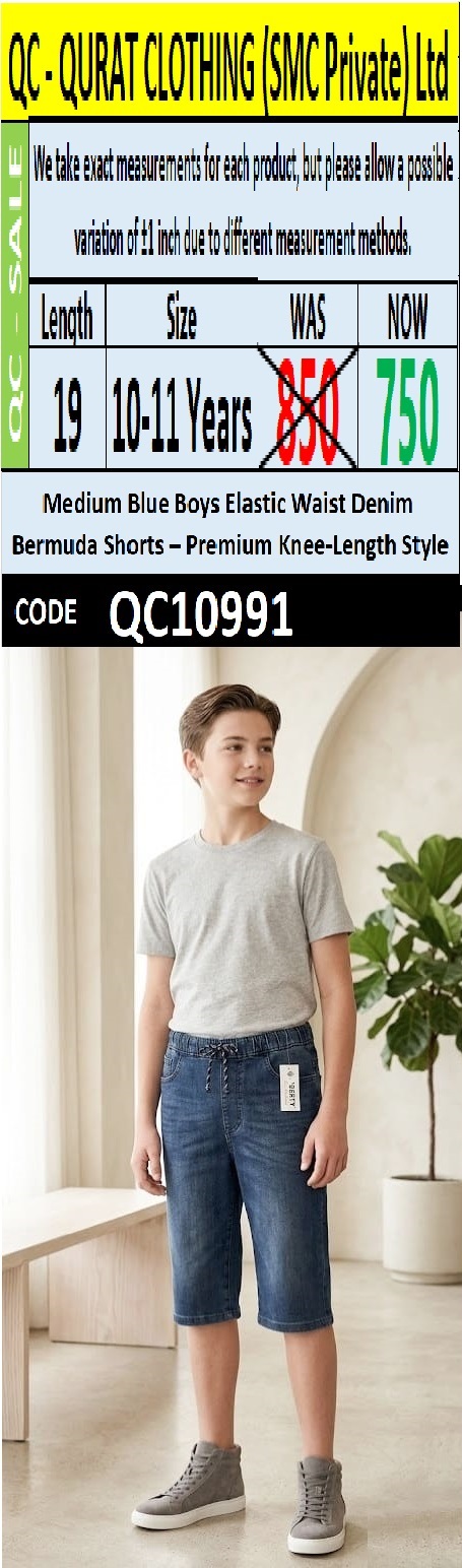 Medium Blue Boys Elastic Waist Denim Bermuda Shorts – Premium Knee-Length Style | QC10991