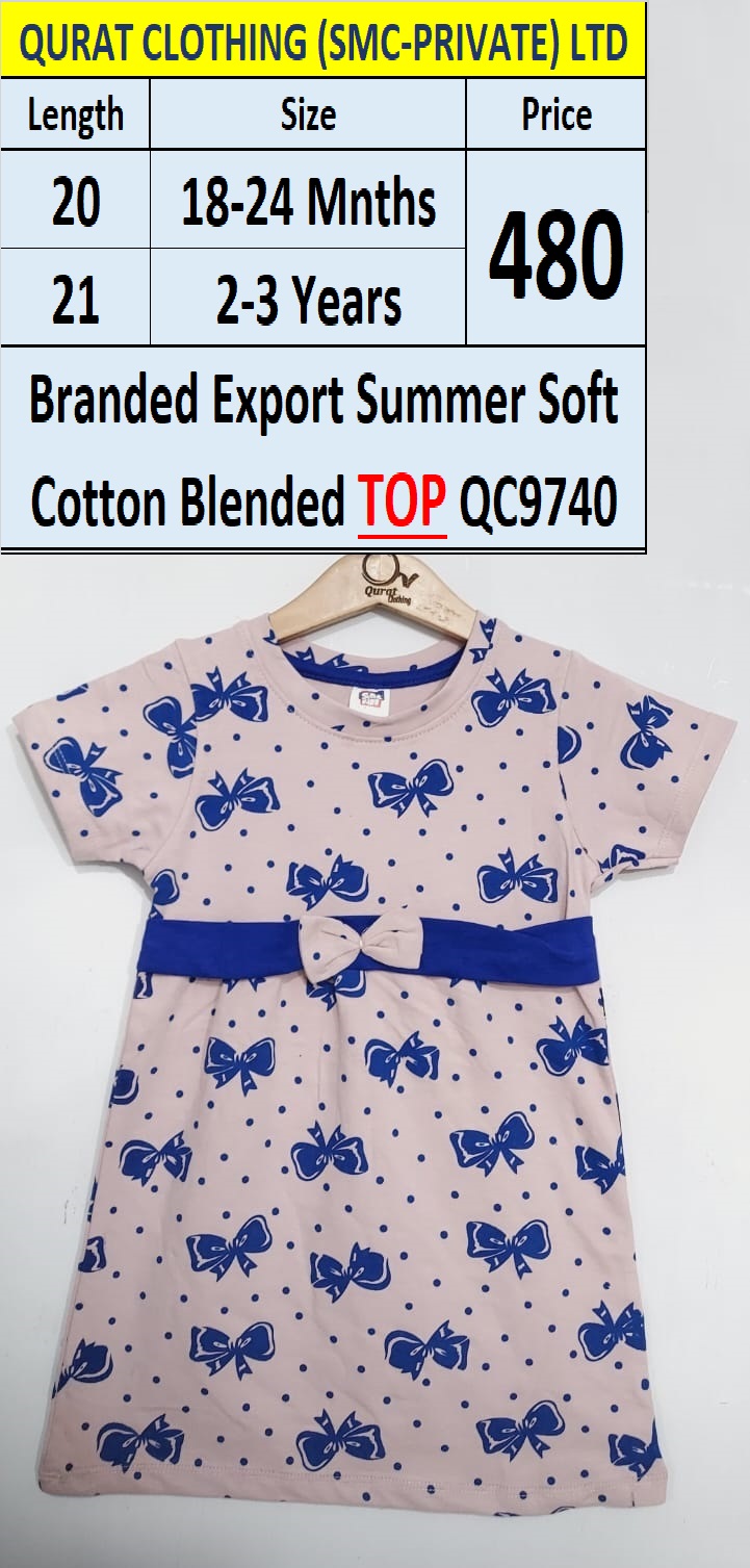 Branded Export Summer Blue Bow Soft Cotton Blended TOP QC9740